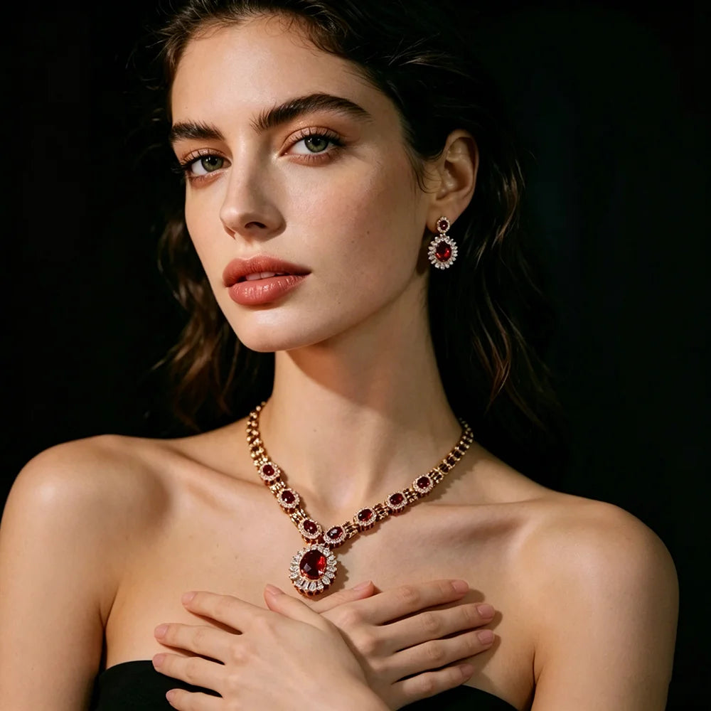 Luxury Oval Zirconia Halo Floral Pendant Necklace & Drop Earrings Bridal Set — Gold Plated