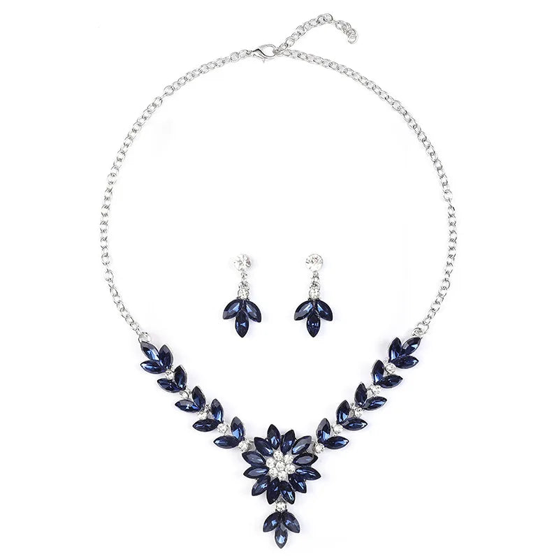 Princess Cut Crystal Flower Necklace & Earrings Jewellery Set | Retro Contrast Fashion Set