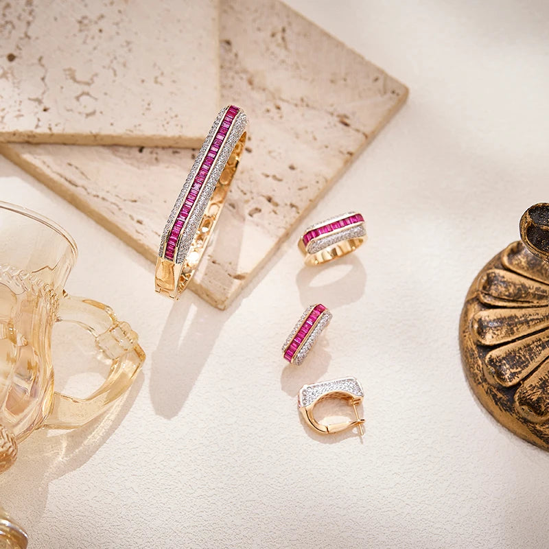 S&S High End Gold-plated Earrings Rings Bracelets Set Paired with square Red Gemstone Fashionable Couple Wedding Matching Jewelry