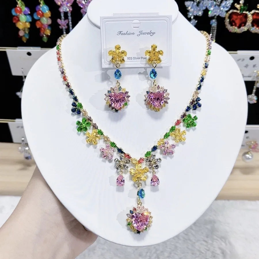 K052 Top Quality Luxury Exquisite Heart and Flower Zircon Necklace Earrings Set Women Elegant Jewelry Set for Party