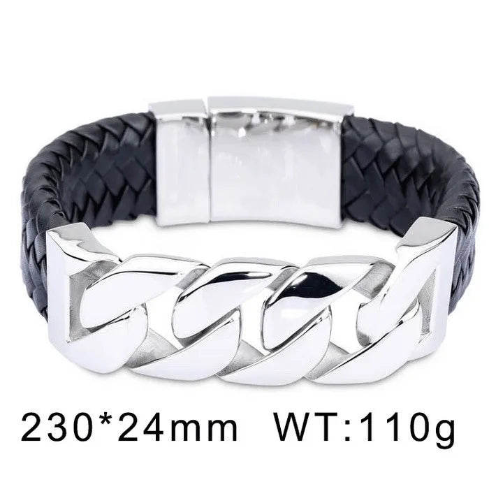 REBEL 240mm Punk Leather&Stainless Steel Cuban Links Bangle Bracelet