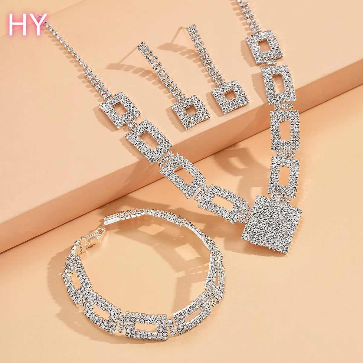 HY   New Luxury Full Diamond Rhinestone Crystal Jewelry Set for Women Trendy Square Earrings Necklace Bracelet Link Wedding