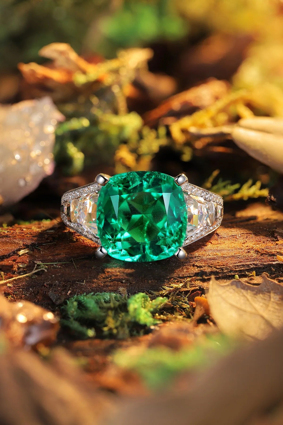 Gemfiori Jewelry Trendy High Quality S925 Silver Cultivated Emerald Ring Unisex Engagement Ring for Wedding Party or Gift