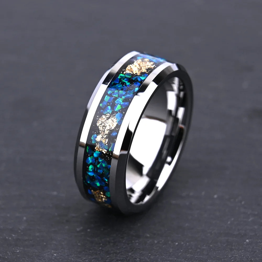 8 Wide Plane Chamfered Tungsten Steel Inlaid Opal Blue Opperga Gold Foil Unisex Wedding Ring Light Luxury