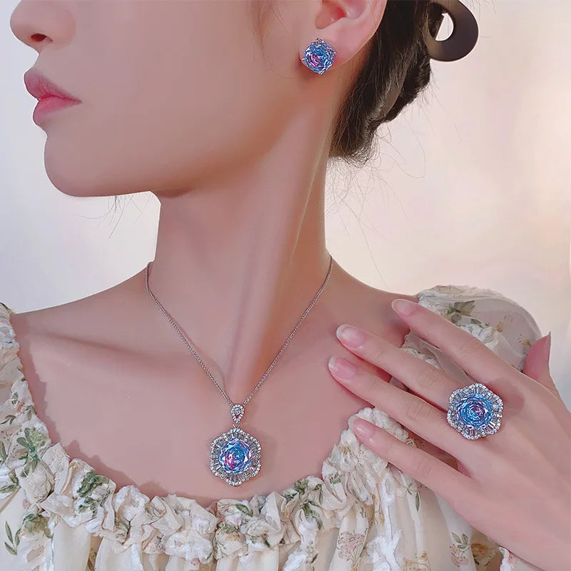 Gemfiori Three Piece Set of High-end Luxury Zircon Gradient Blue Pendant Earrings and Rings in Europe and America