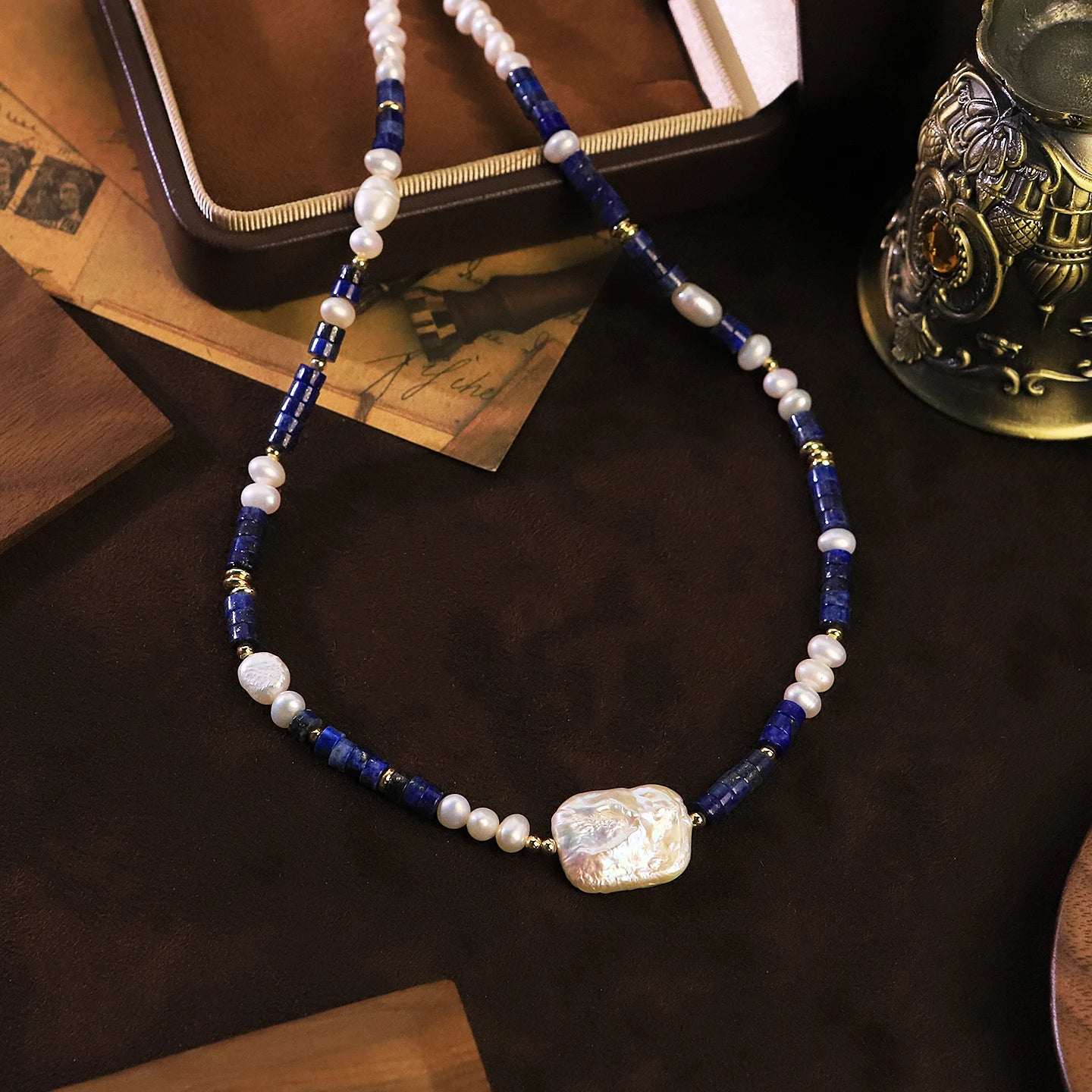 Natural Lapis Lazuli Beads Baroque Freshwater Pearl Necklace for Women Daily Banquet Vacation Retro Necklace Fashion Jewelry