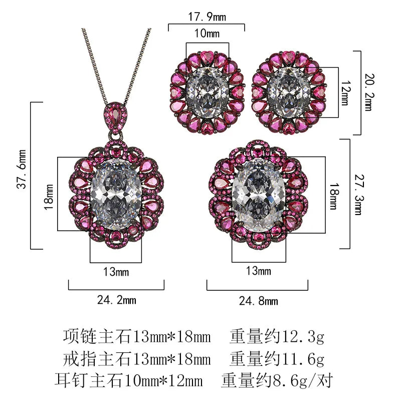REDheart Fashion Geometry Inlaid Zircon Gold Plated Earrings Black Gray Retro Gold Pendant Necklace Jewelry Set for Party