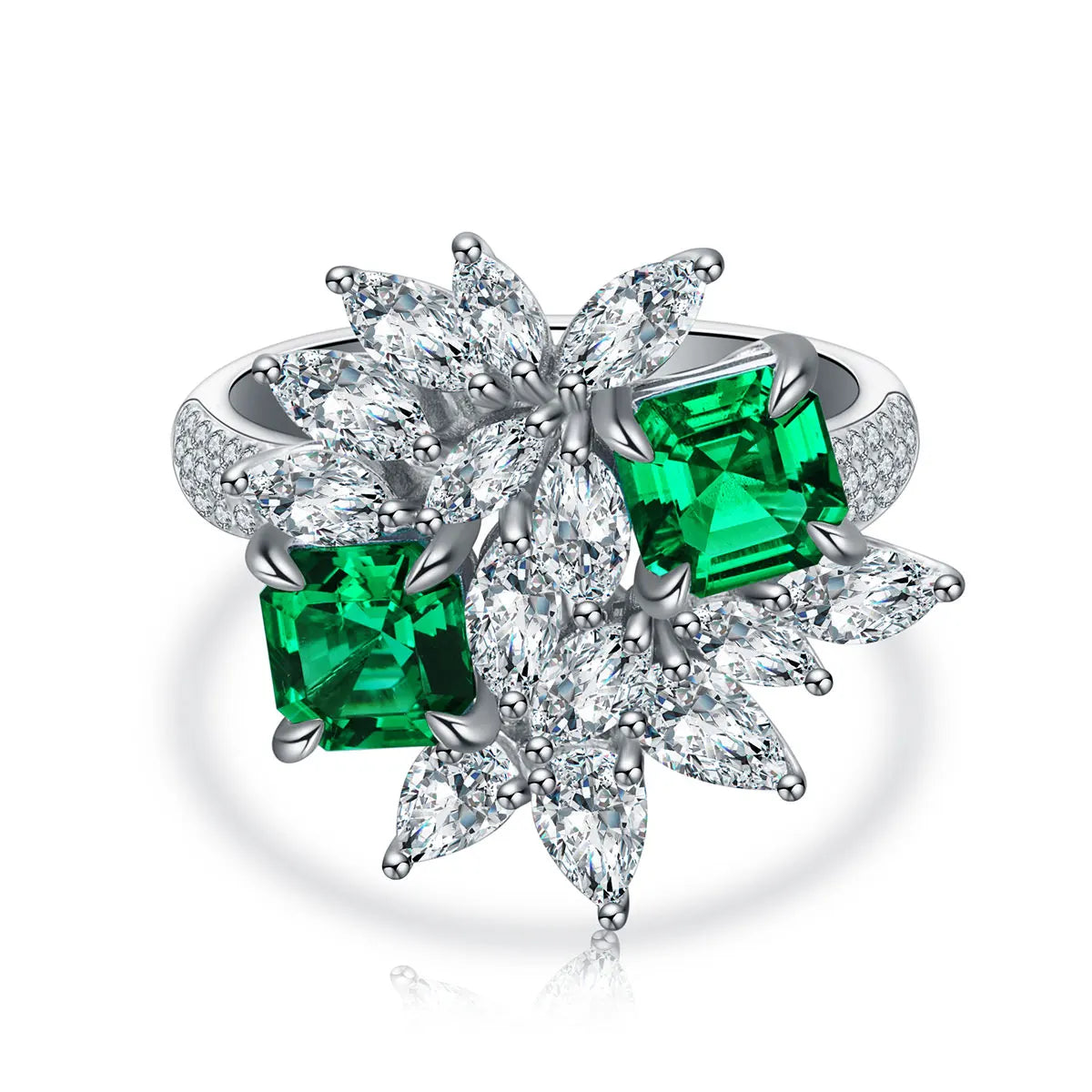 Gemfiori S925 Sterling Dainty Jewelry Gemstones Silver Rings Lab Grown Emerald Flower Ring Accessories