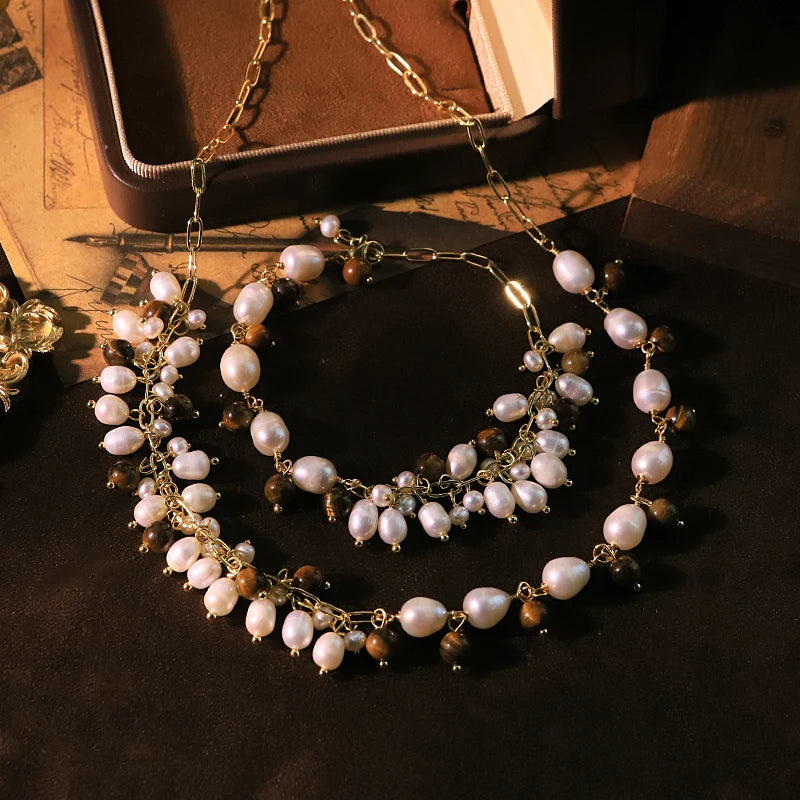 Natural Pearl Tiger Eye Stone Chain Bracelet Necklace Set Luxurious Design Jewelry Set for Banquet Gifts for Women GS0222