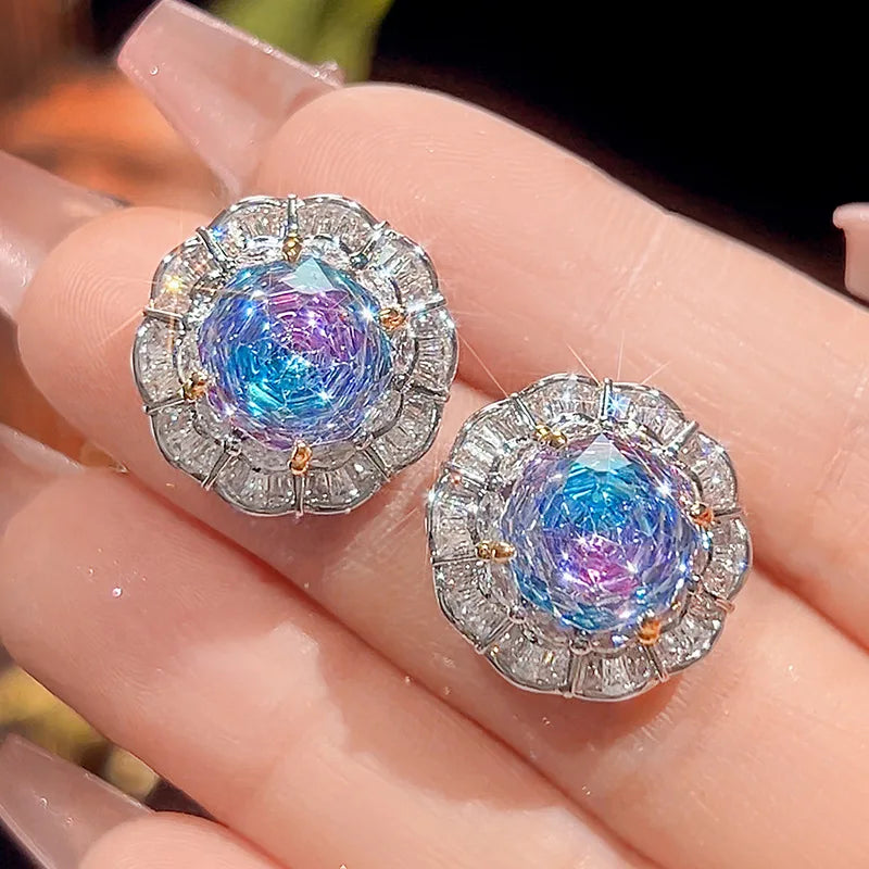 Gemfiori New Women's Fashion Jewelry Necklace Ring Earstuds Copper Gold Plated Rose Cutting Sea Blue Temperament Light Luxury Set
