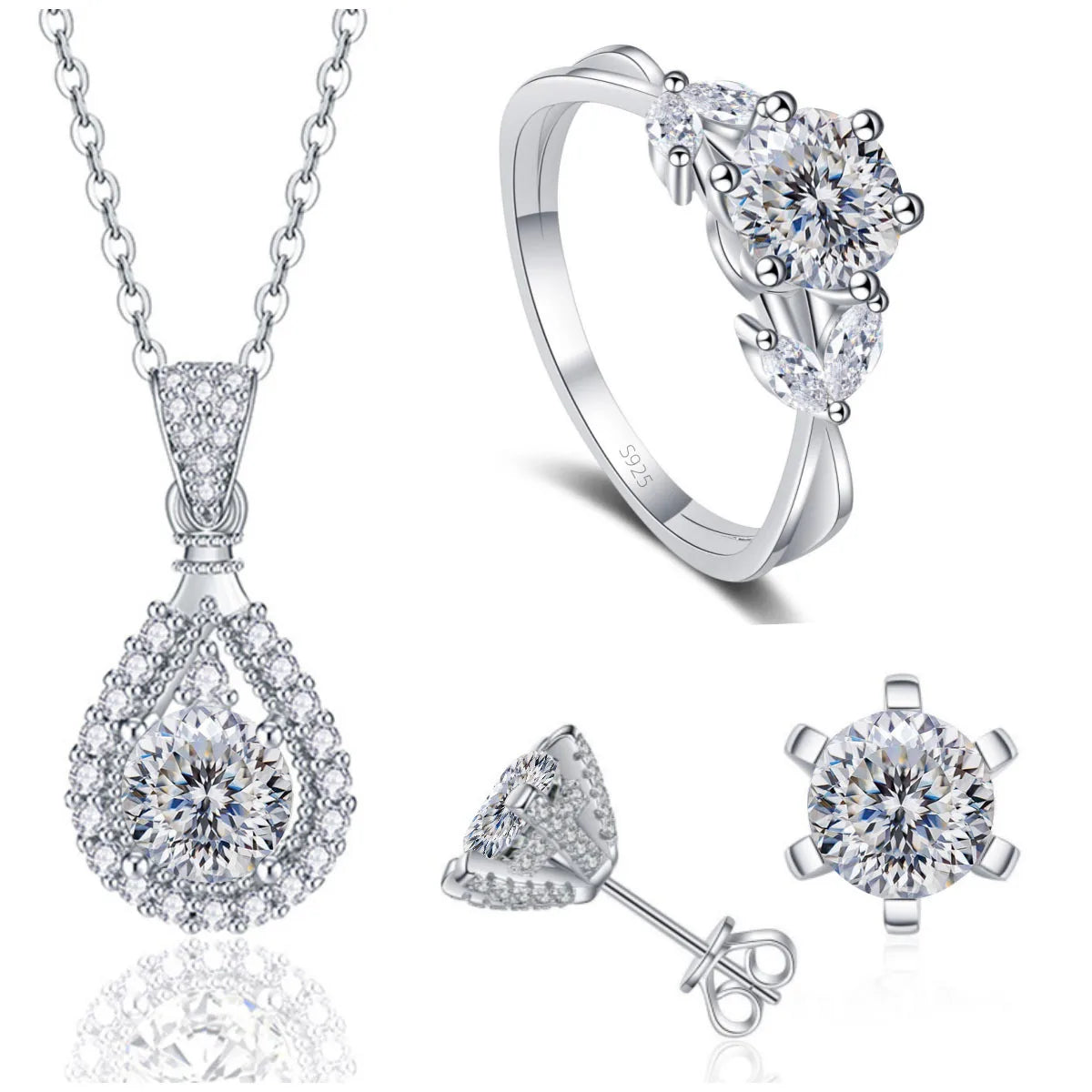 REDheart Fine 925 Sterling Silver Women's Wedding Bridal Jewellery Set Round Cut VVS Colored Moissanite Rings Necklace and Earrings Set