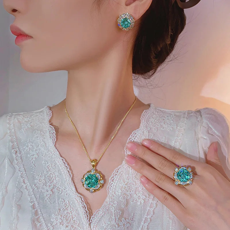 Gemfiori 2025 New Jewelry Brass Gold Plated Simulation Pala Green Retro Light Luxury Set Wedding Bridal Engagement Jewelry