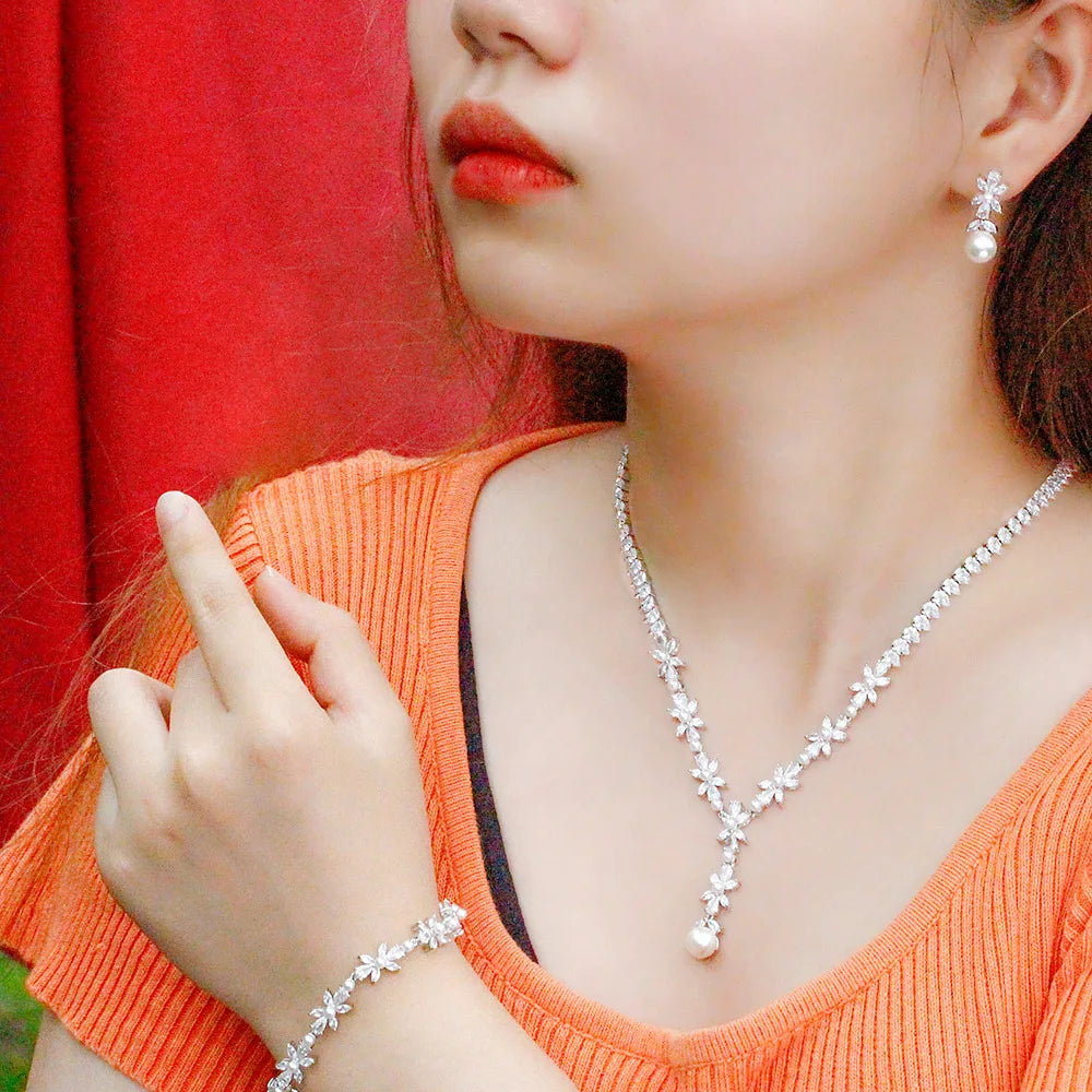 3 Pcs Silver Plated Marquise Cut CZ Crystal Wedding Jewelry Set Flower Pearl Pendants Necklace Bracelet and Earrings for Women