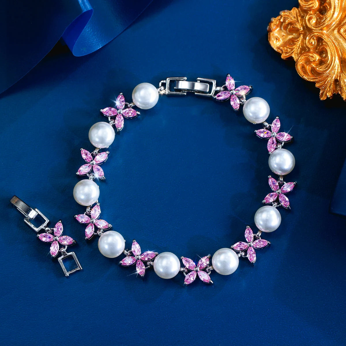 S&S CZ Flower & Leaf Chain Link Bracelet – Pink, Green & White – Collection