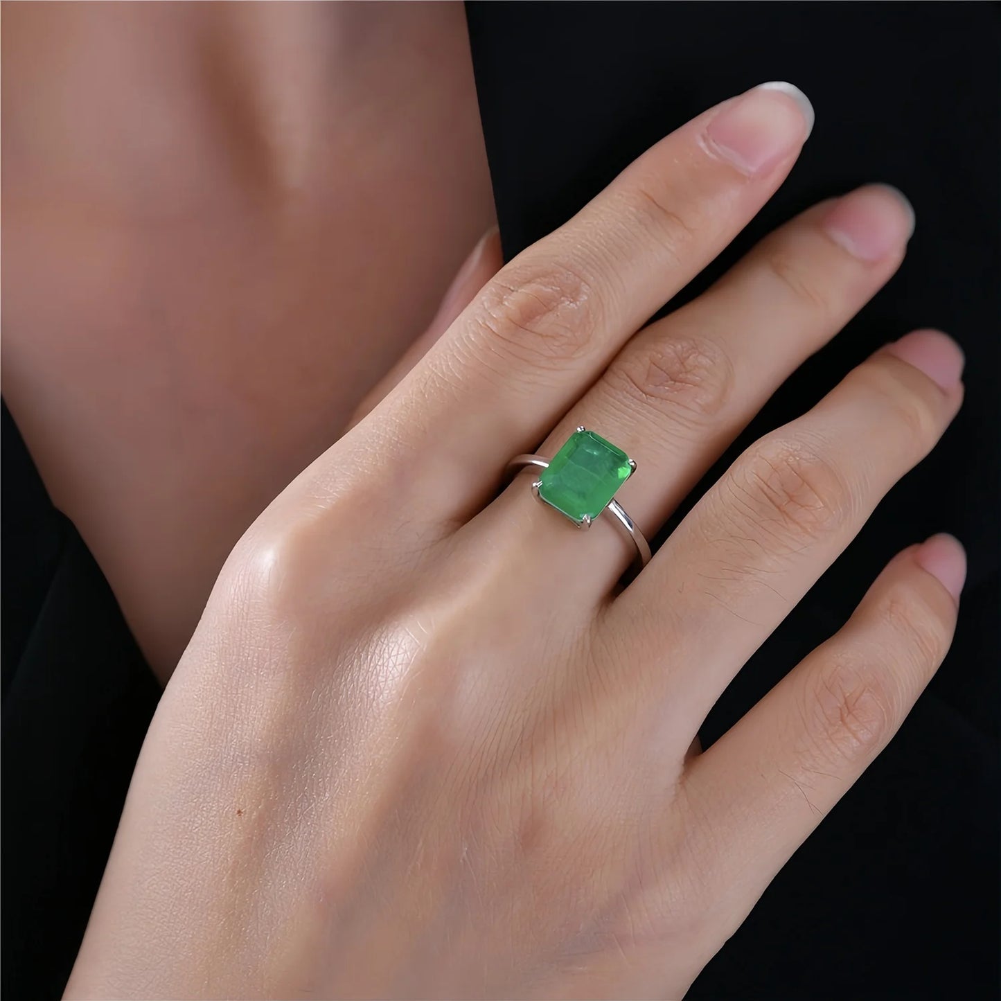 SILVERELLI 4CT Synthetic Emerald Engagement Ring | 925 Sterling Silver | Bar Setting