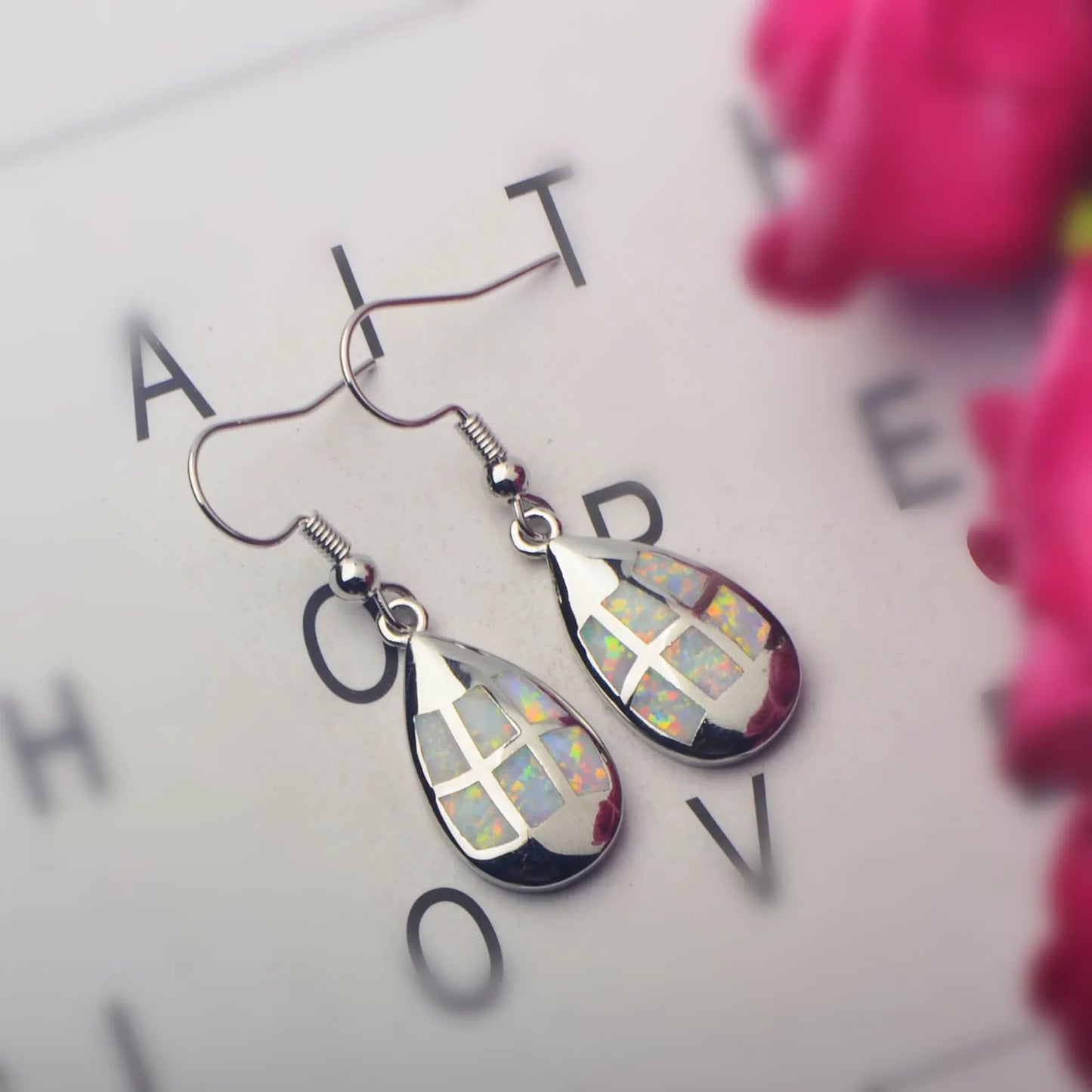 Patchwork Teardrop Opal Drop Earrings - Iridescent Opal Mosaic Design | Artistic Daily Jewelry Bulk Gifts
