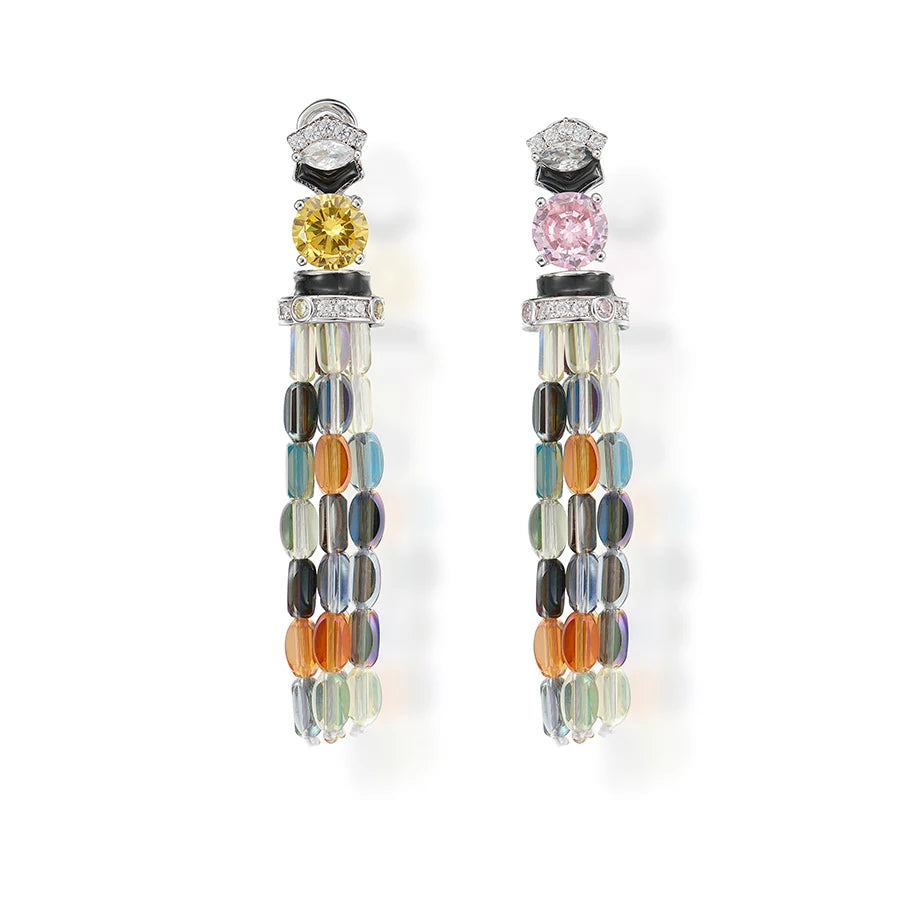 Luxurious and Colorful Cubic Zirconia Brass Necklace Earrings with Tassel Enamel Craftsmanship Suitable for Women's Accessories