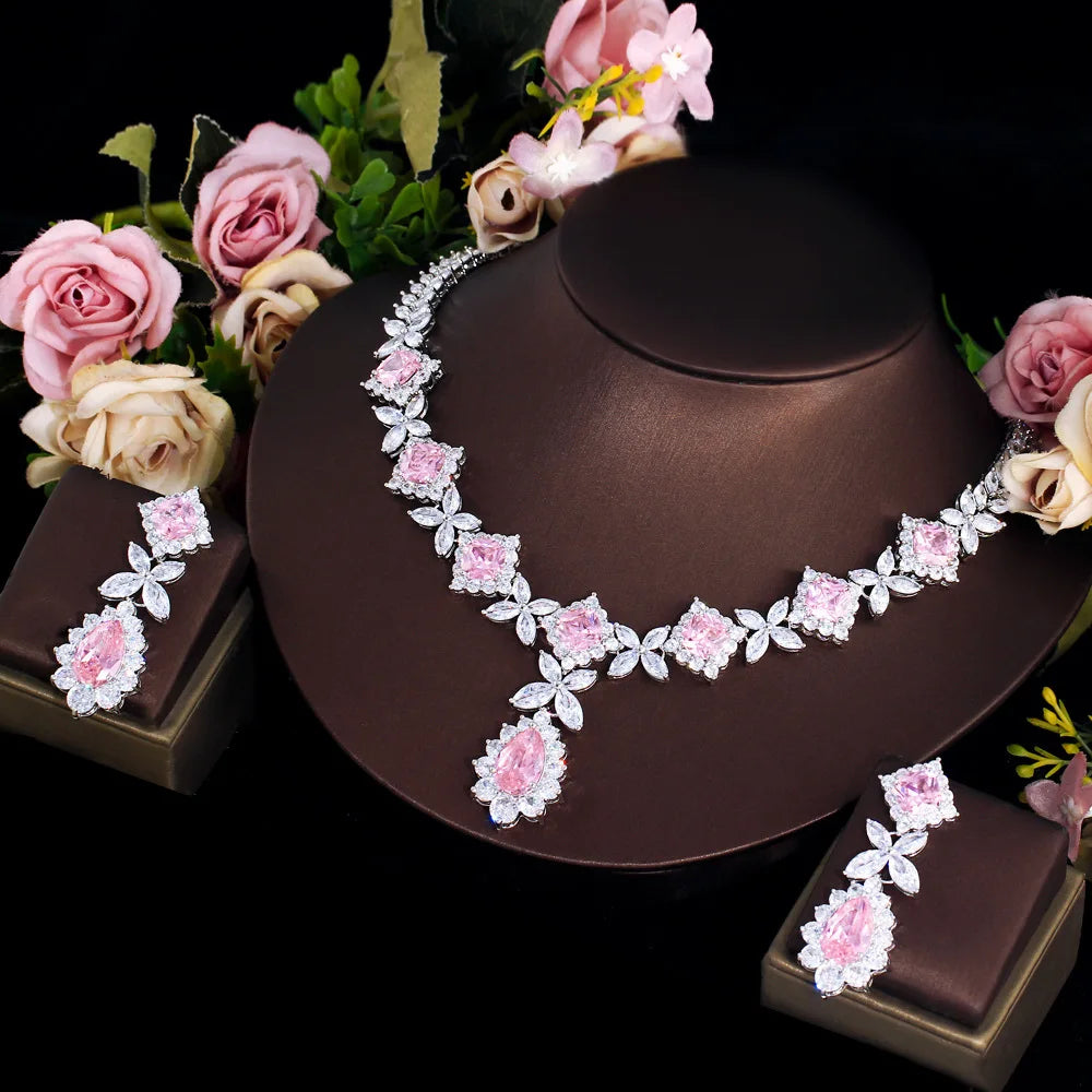 Luxury Pear-Cut Zirconia Water Drop Floral Necklace & Earrings Bridal Set — Rhodium Plated