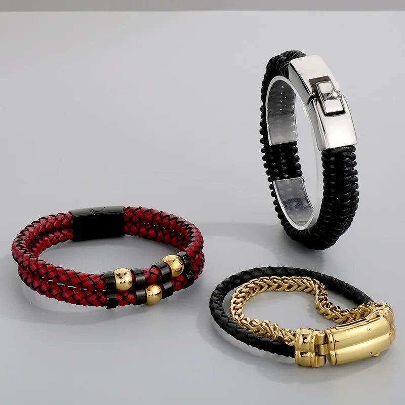 KALEN Trendy Braided Black Cowhide Leather and  Stainless Steel Bracelet Men Double Chain