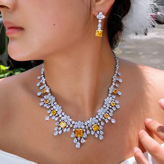 2pcs Necklace Earrings Gorgeous Yellow Square Zirconia Luxury Tassel Water Drop CZ Bridal Wedding Party Jewelry Set for Women
