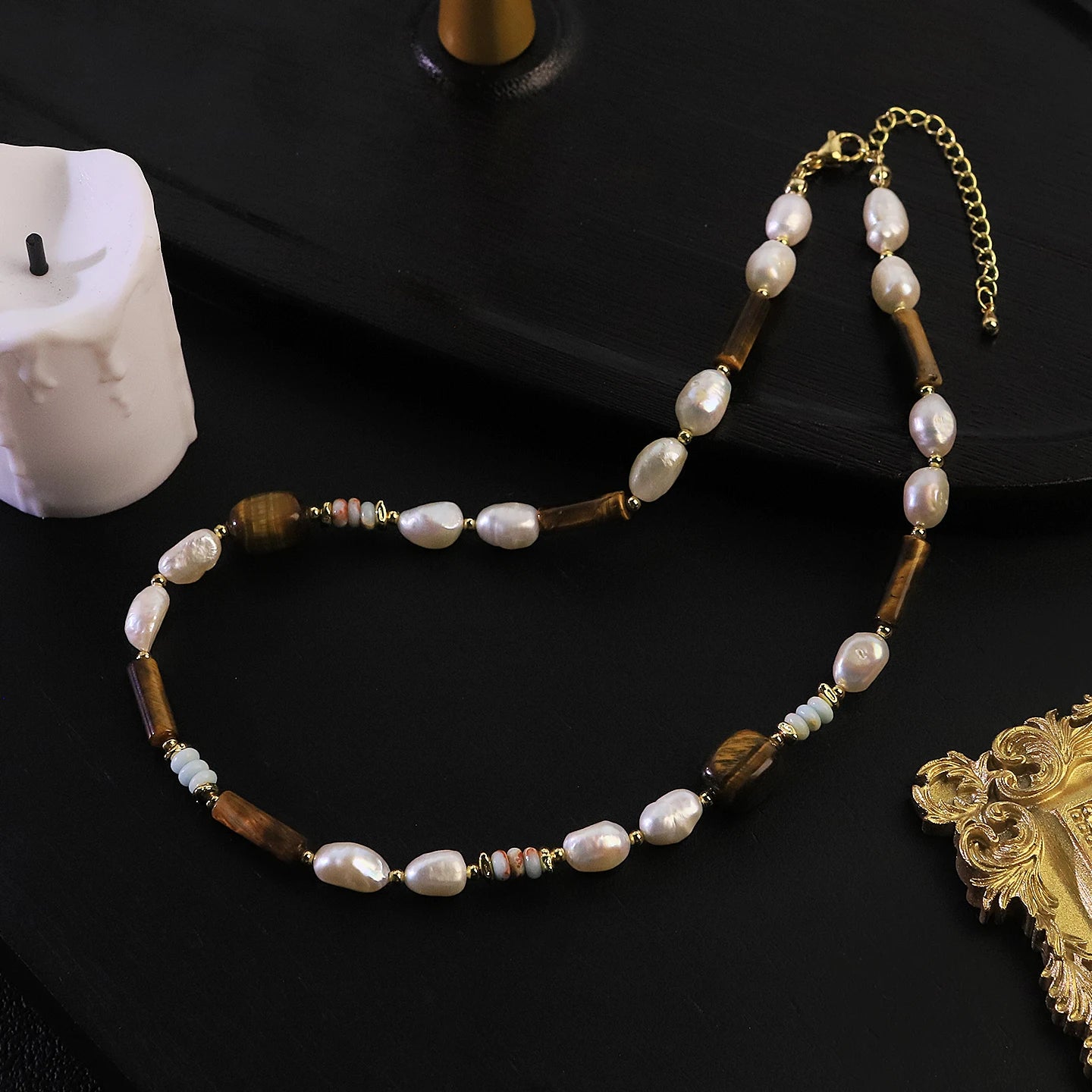 Natural Freshwater Pearl Tiger Eye Shoushan Stone Beaded Necklace for Women Daily Wear Vacation Retro Necklace Bohemian Jewelry