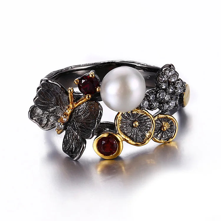 Butterfly Design Button Pearl 925 Sterling Silver Ring