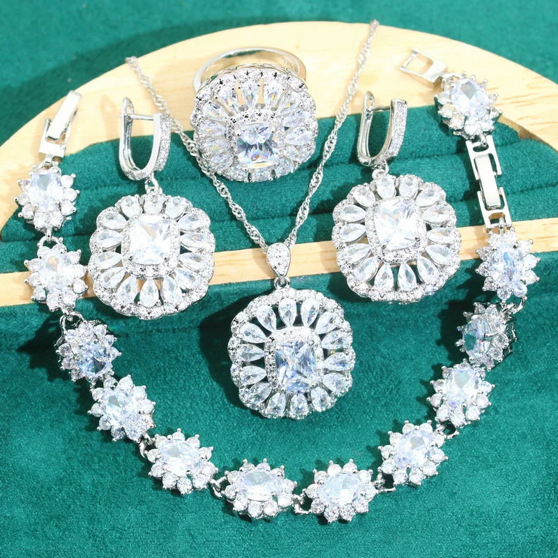 XOTICA Luxurious 925 Silver Jewelry Set for Women Blue Zircon Sapphire Earrings Necklace Pendant Ring for Wedding Birthday Gifts