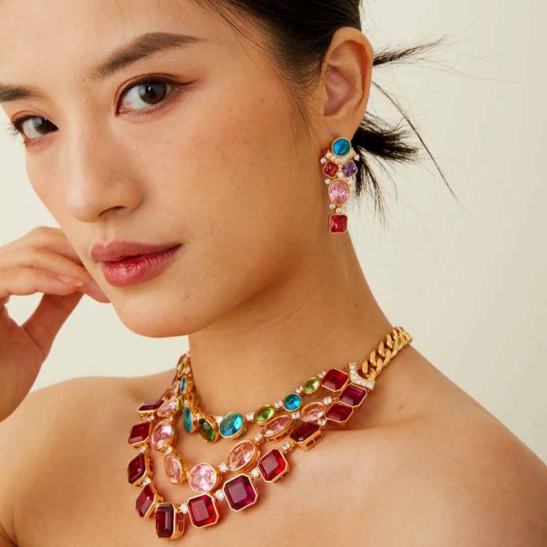 Luxury Asscher-Cut Zirconia Bezel-Set Colourful Floral Choker Necklace & Earrings Bridal Set — Gold Plated