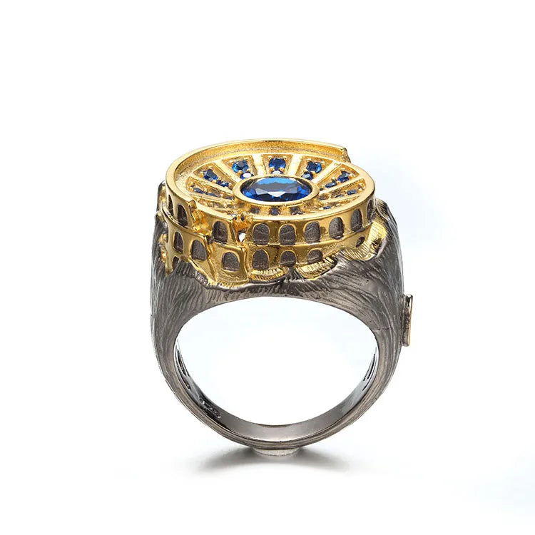 New Design Custom Handmade Blue Crystal Stone Colosseum Christmas 925 Sterling Silver Luxury Gift Woman Jewelry Ring