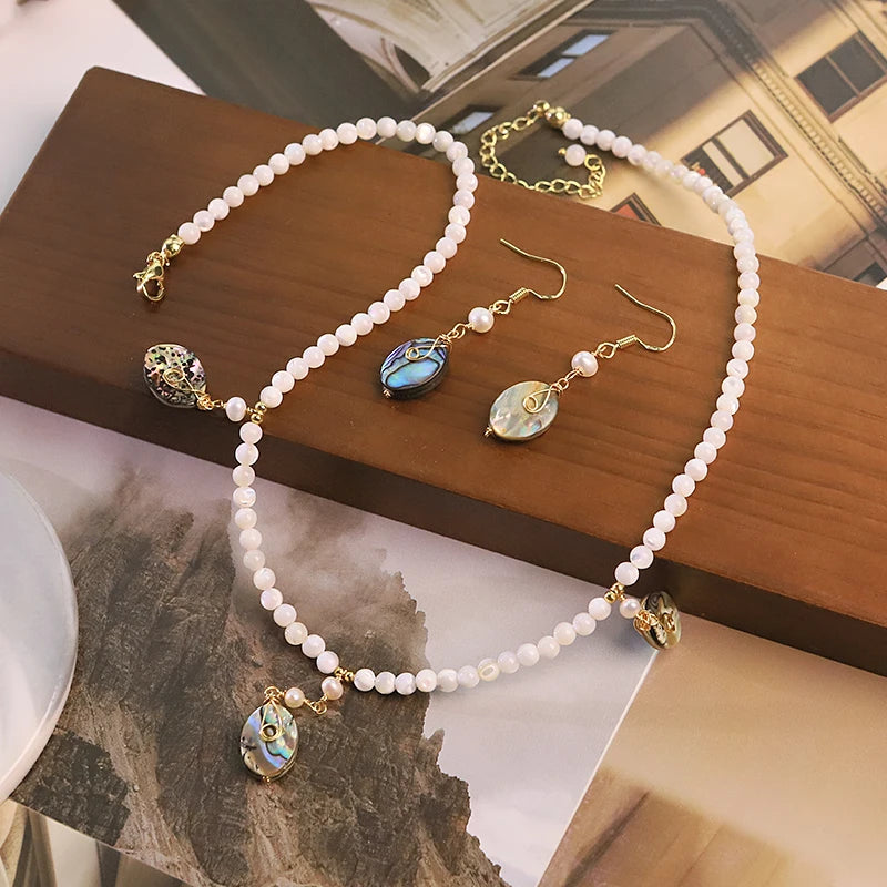 GLSEEVO Natural Freshwater Pearl & Abalone Shell Necklace & Earrings Set — Vintage Coastal Jewellery