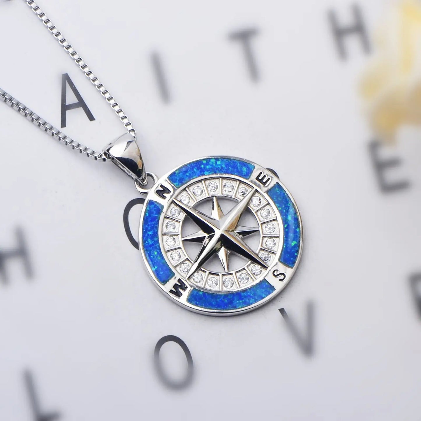 Minimalist Compass Pendant Necklace | Blue Opal & CZ Accents - Elegant Nautical Jewelry for Women