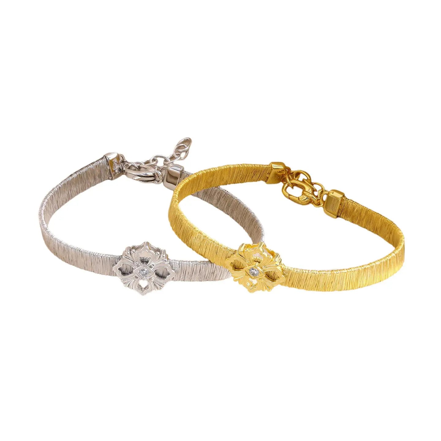MuShan Jewelry Factory a Pure Silver and Gold Silk Wound Four-leaf Clover Bracelet for Women, Italian Weaving