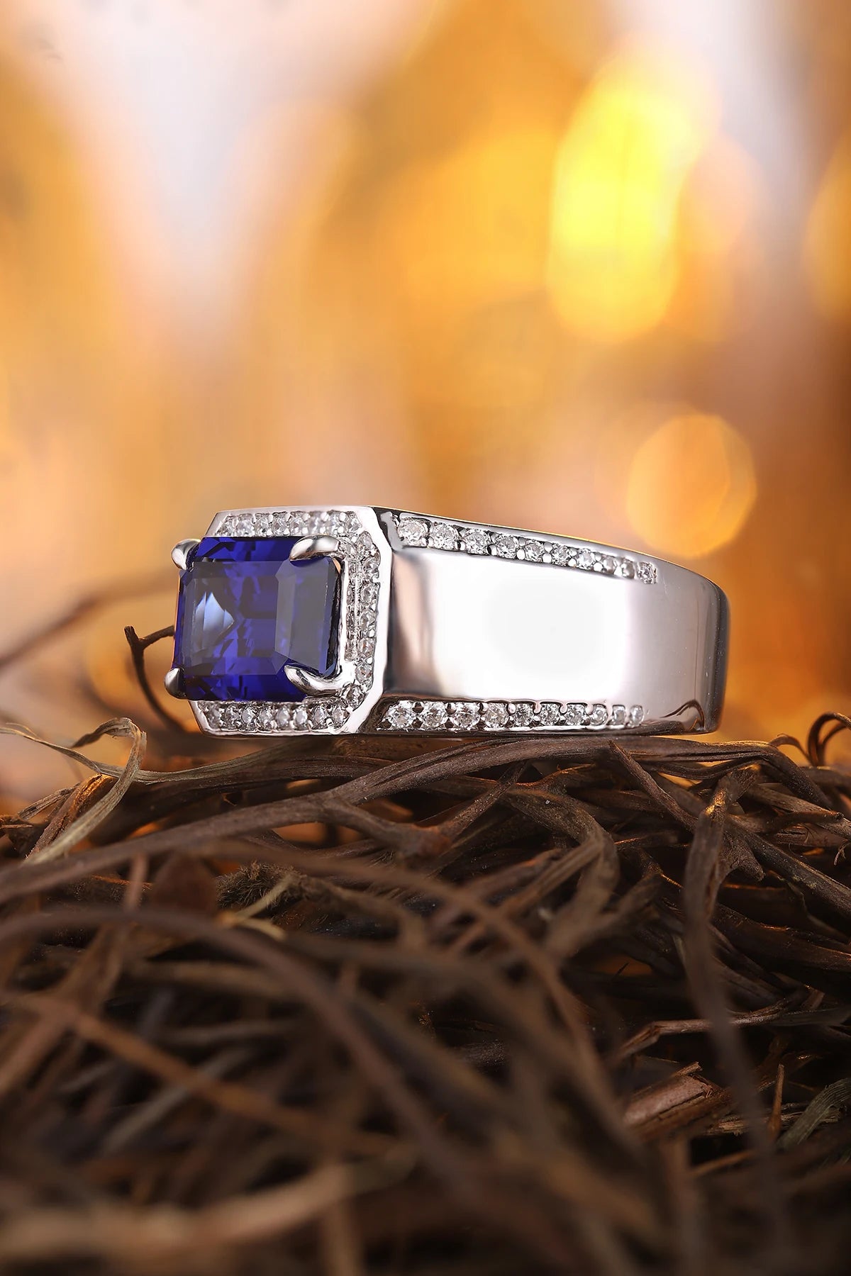 Gemfiori Luxury Wedding Jewelry Men Sterling 925 Silver Men Ring 3.4ct Lab Grown Sapphire Men Ring