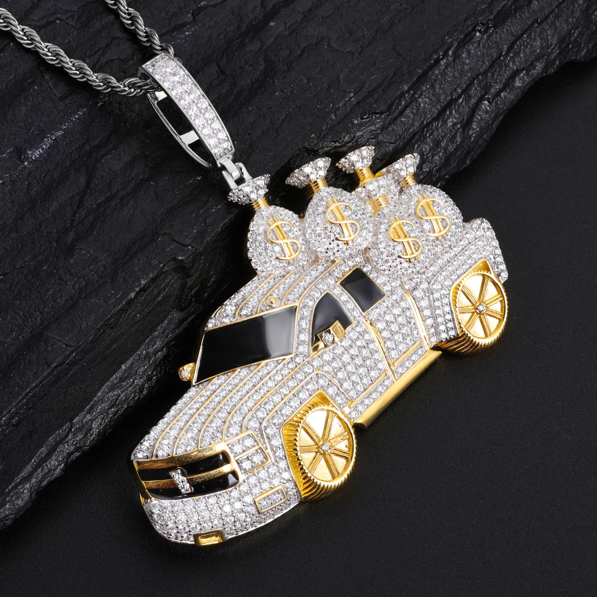 High Quality Hip Hop Jewelry 18K Gold Plated Brass AAAAA CZ Diamond Iced Out Pickup Truck Pendant with Money Bags