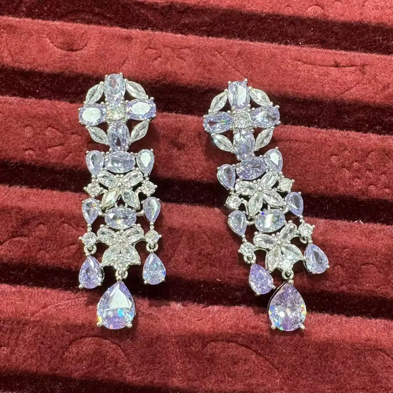 Luxury Cubic Zirconia Geometric Necklace & Earrings Bridal Set — Pink, Green & Purple