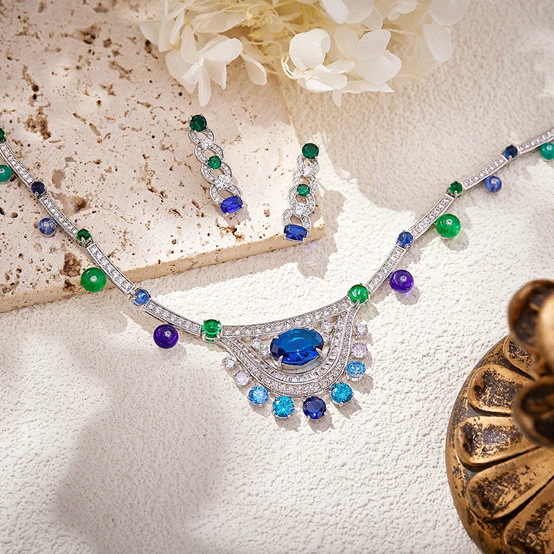 Gradient Blue Bead Necklace Earring Set Zirconia High Quality Brass Jewelry Fashion Sexy Women's Gift