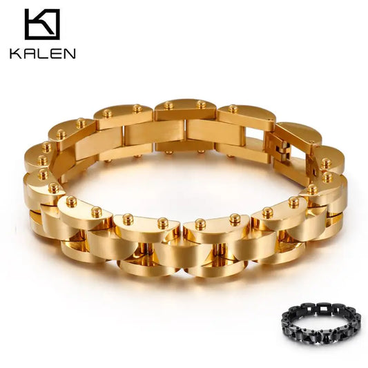 KALEN Stainless Steel Gold Plated Bike Chain Bracelets for Men