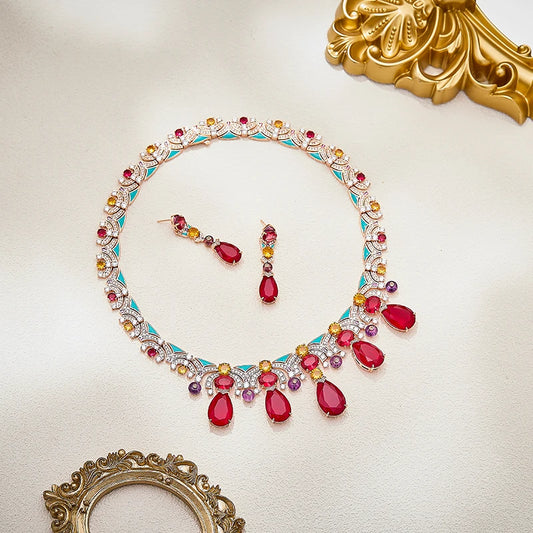 Baroque Luxury Red Zirconia Pear Shaped Necklace Earrings 2-piece Set Spring Buckle Brass Enamel Craft Women's Gift