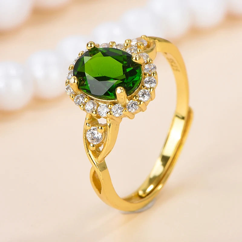 Gioiellieri High-End Elegant 925 Silver Open Ring Women Classic Style Oval Cut Natural Stone Rhodium Plated Prong Setting Gemstone Luxury