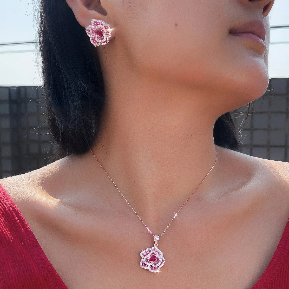 Luxury Rose Gold Plated Pink Sapphire Color Rose Flower Pendant Jewelry Set 5A Cubic Zircon Earrings Necklace for Bridal Wedding