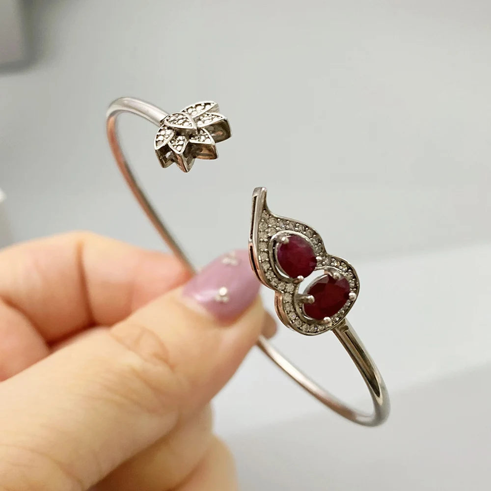 Gioiellieri Natural Ruby Bracelet with S925 Sterling Silver for Women Elegant Red Gemstone Jewelry Healing Crystal Bangle Anniversary Gift