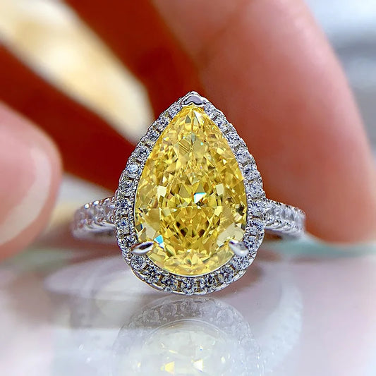 S925 Silver Ring 8 * 12 Yellow Zircon Set with European and American 5-carat Fashion Versatile Ring Boutique Jewelry for Women