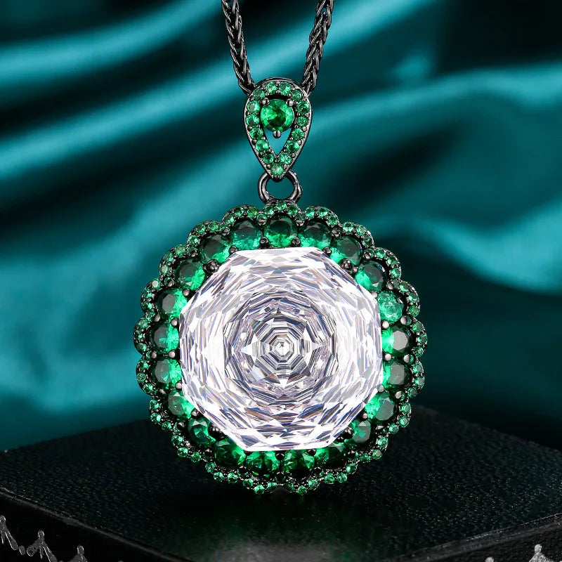 Gemfiori Exquisite Personalized Luxury Jewelry Set Green Zircon Temperament Banquet Ring High-end Feeling Collarbone Chain
