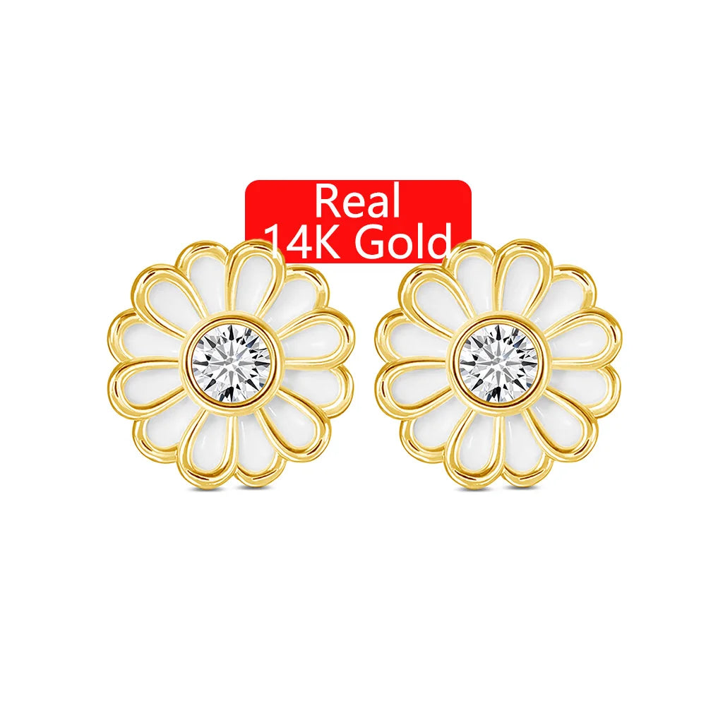 Gioiellieri Gemfiori Fine Jewellery Woman Girl Gift 0.3 Carat Moissanite White Enamel Color Hollow 14K Gold Small Daisy Stud Earrings