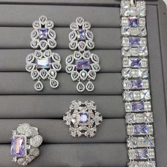 TIANSHE Luxury Purple Jewelry Set Dangle Earrings Bracelet Ring 3Pcs Set Statement Wedding Party Jewelry for Women