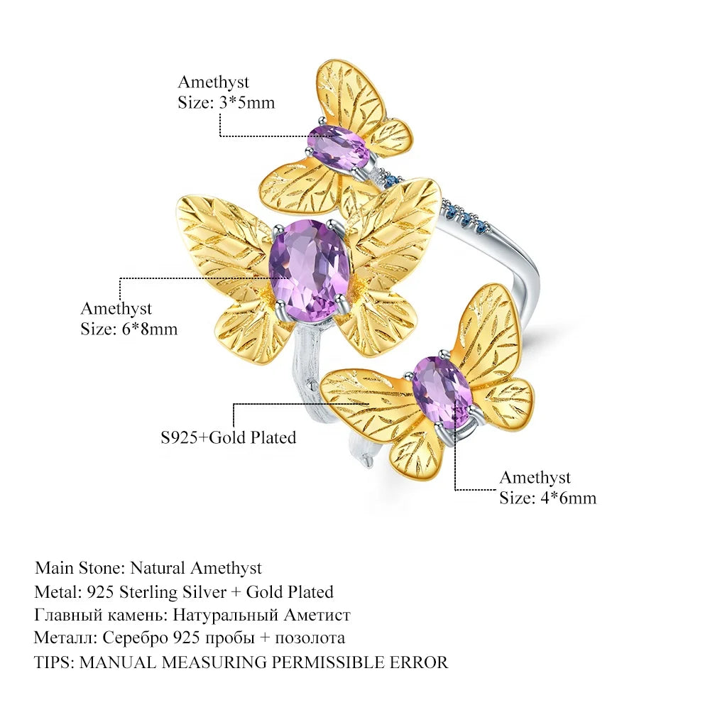 ArtistA C7751 Abiding Factory Natural Amethyst S925 Silver Gold Plated Butterfly Dangle Earrings Adjustable Ring Jewelry Set
