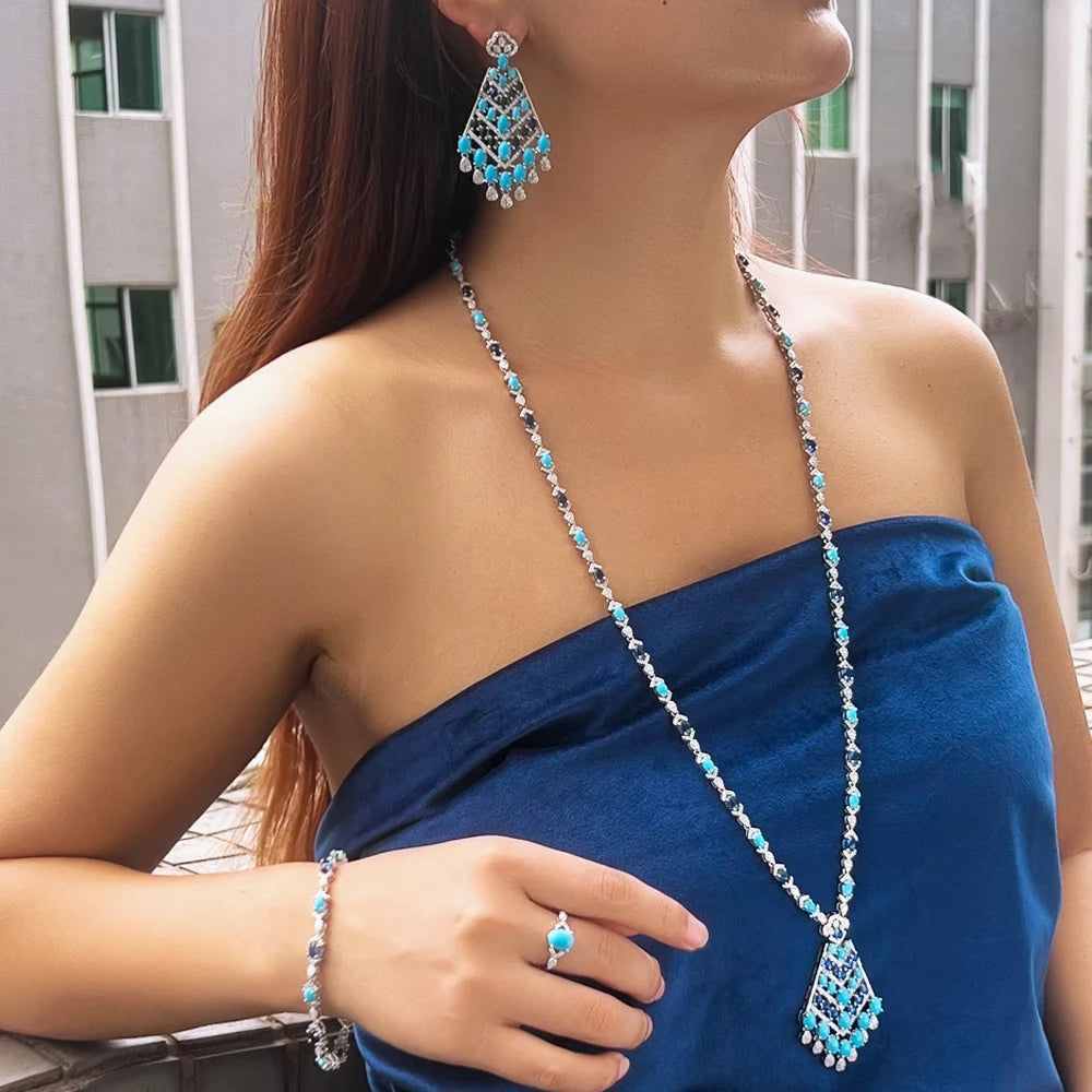 4pcs Middle East Style Zircon Long Blue Turquoise Necklace Earrings Bridal Jewelry Set for Women Wedding Party Dress Accessories