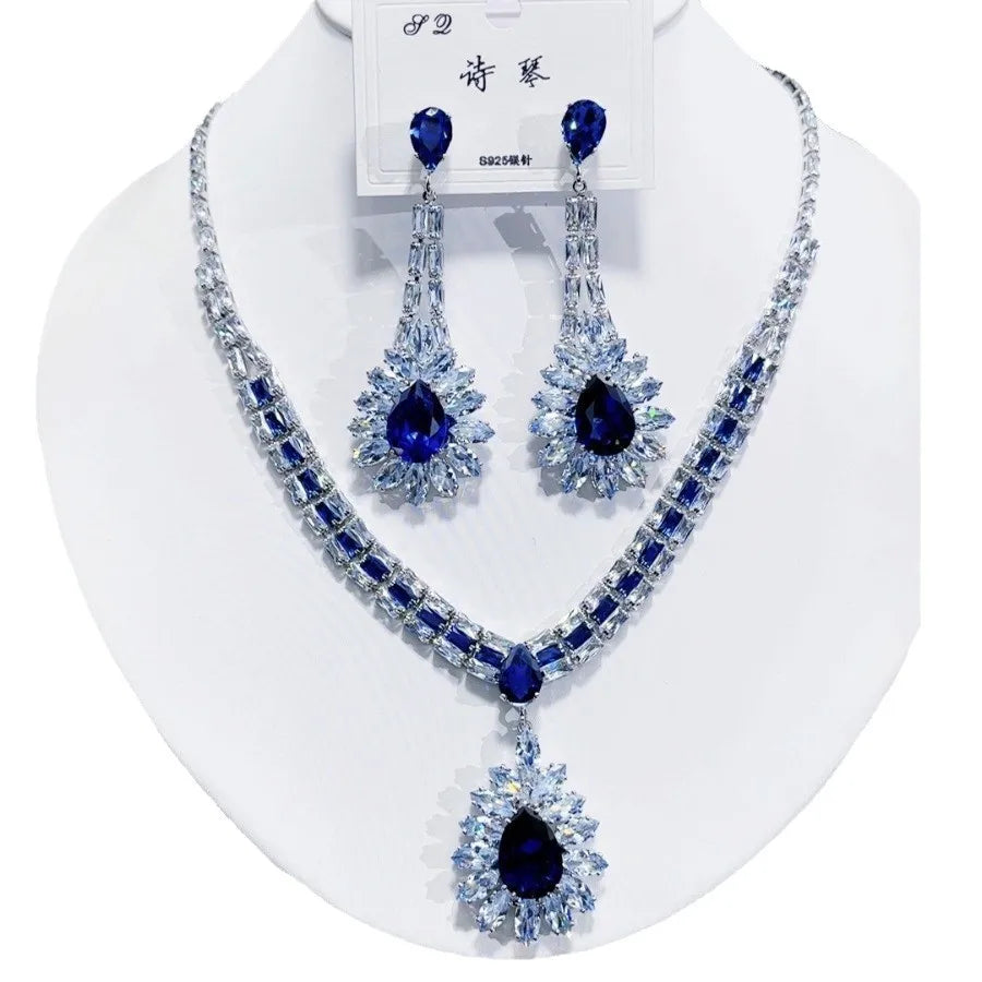 K057 Top Quality Trendy Luxury Classic Water Drop Blue Zircon Necklace Earrings Set Elegant Women's Jewelry Set