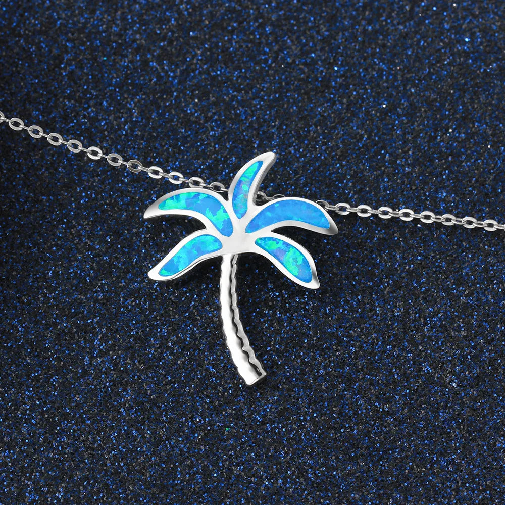Coconut Palm Silver Plated Copper Alloy Opal Lariat Necklace for Women Aobao