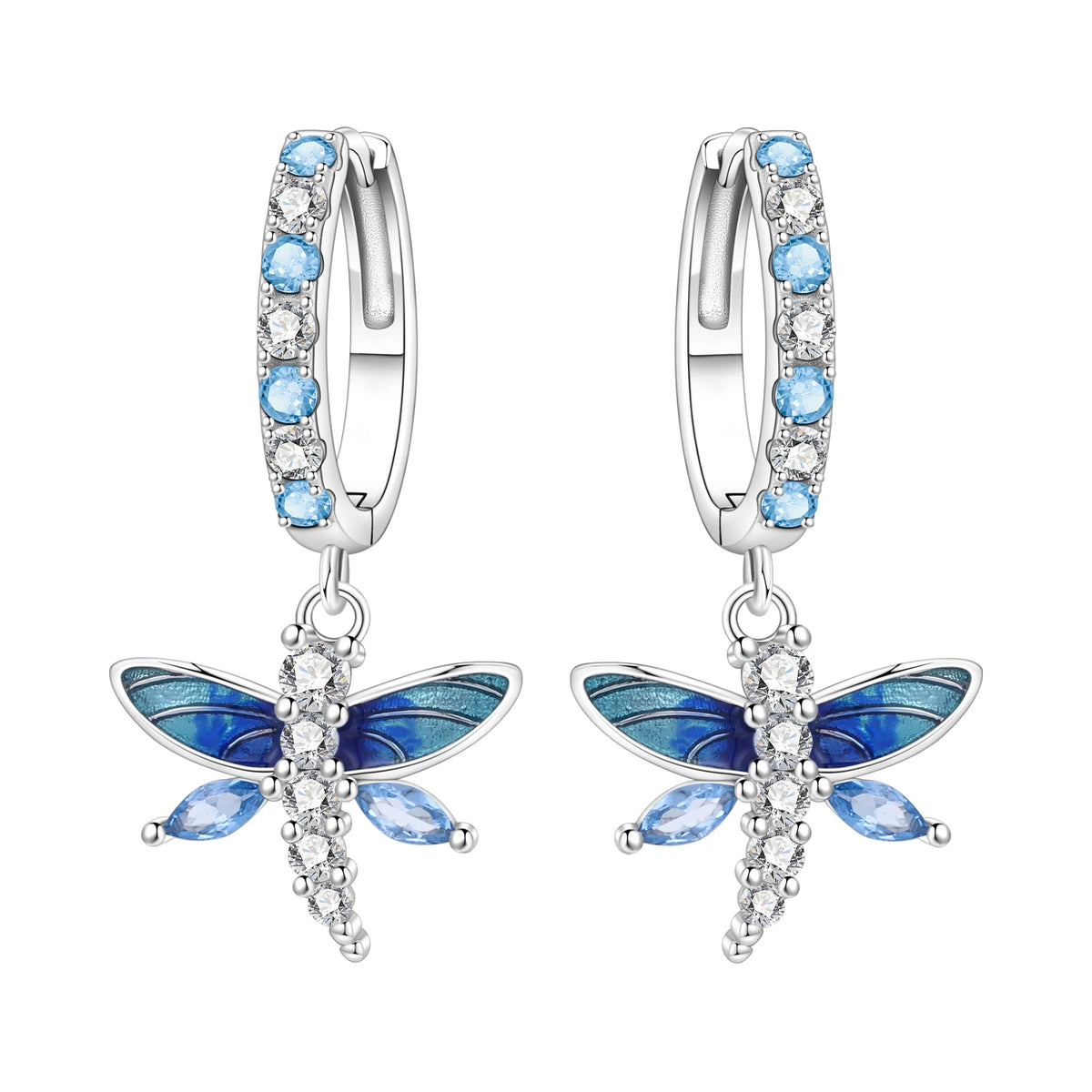 S&S Gradient Blue Enamel Dragonfly Drop Earrings – CZ Zircon – Collection